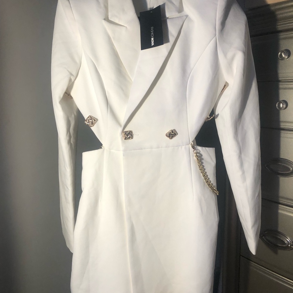 Fashion Nova White Double-Breasted Blazer skort suit with Gold Hardware